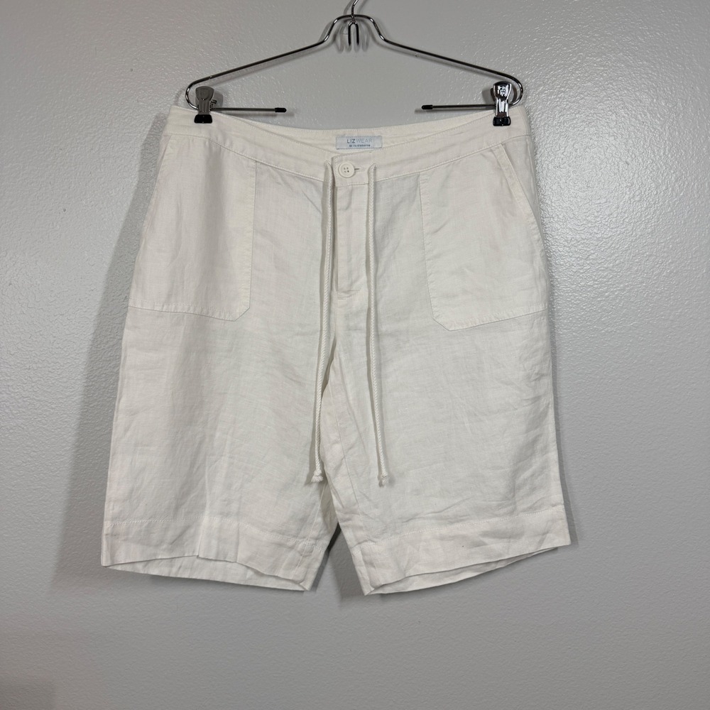 Liz Claiborne Lizwear Shorts Women Large White 100% Linen Bermuda Drawstring
